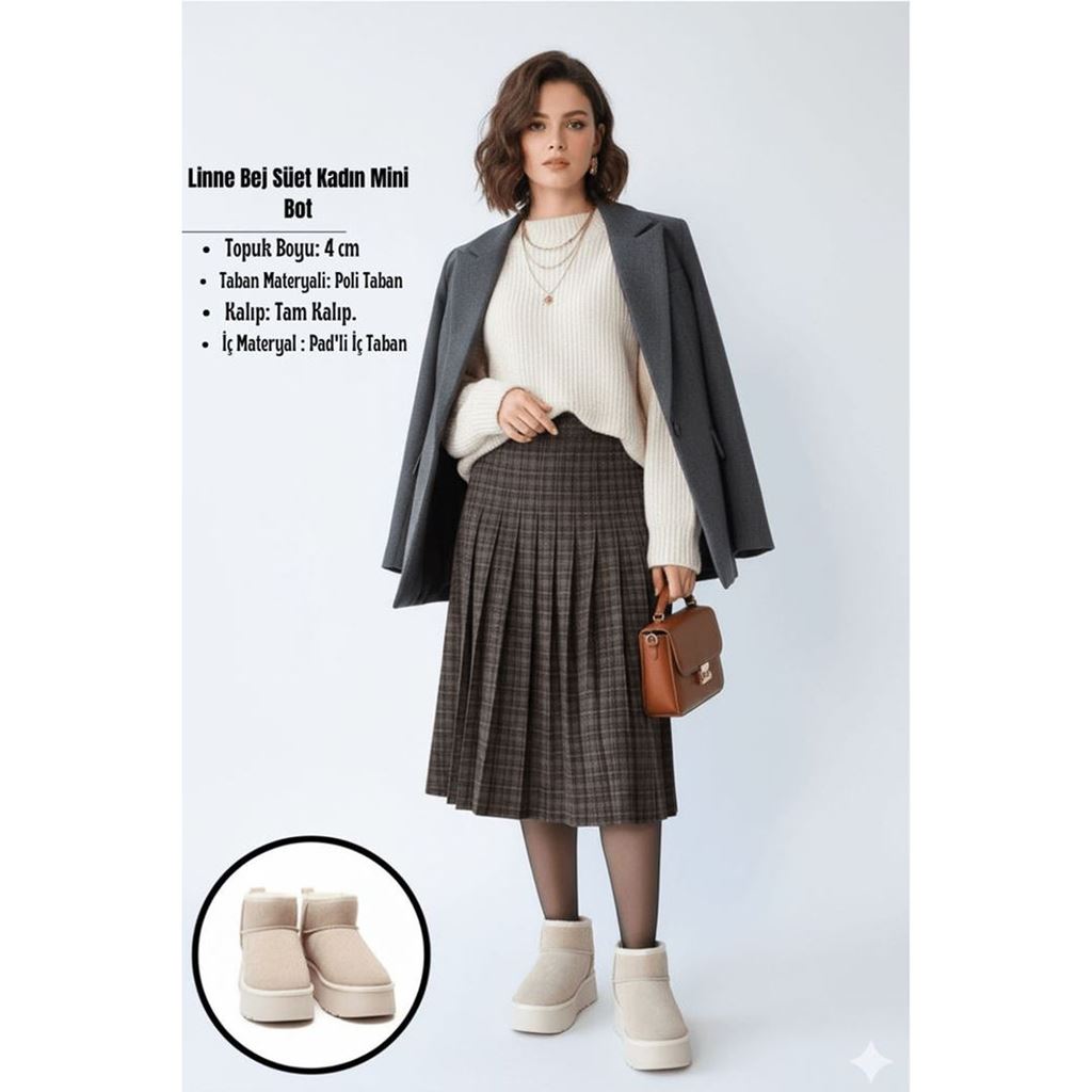 Linne Bej Platform Tabanlı İçi Kürklü Süet Kadın Mini Bot