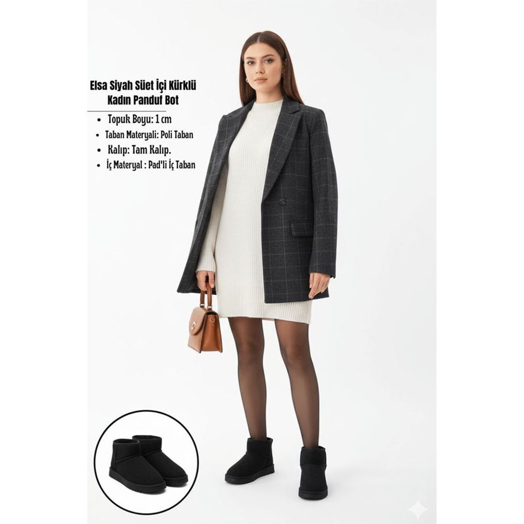 Elsa Siyah Süet İçi Kürklü Kadın Panduf Bot