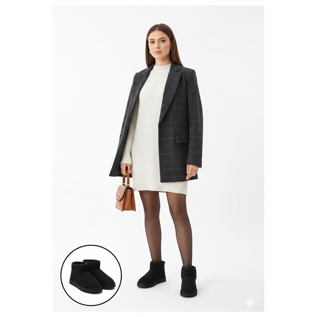 Elsa Siyah Süet İçi Kürklü Kadın Panduf Bot