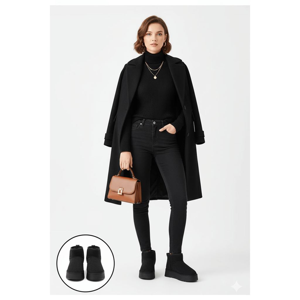 Linne Siyah Platform Tabanlı İçi Kürklü Süet Kadın Mini Bot