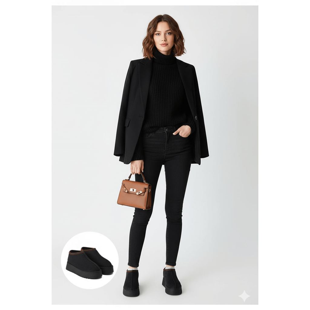 Foyk Siyah İçi Kürklü Platform Taban Süet Kadın Panduf Bot