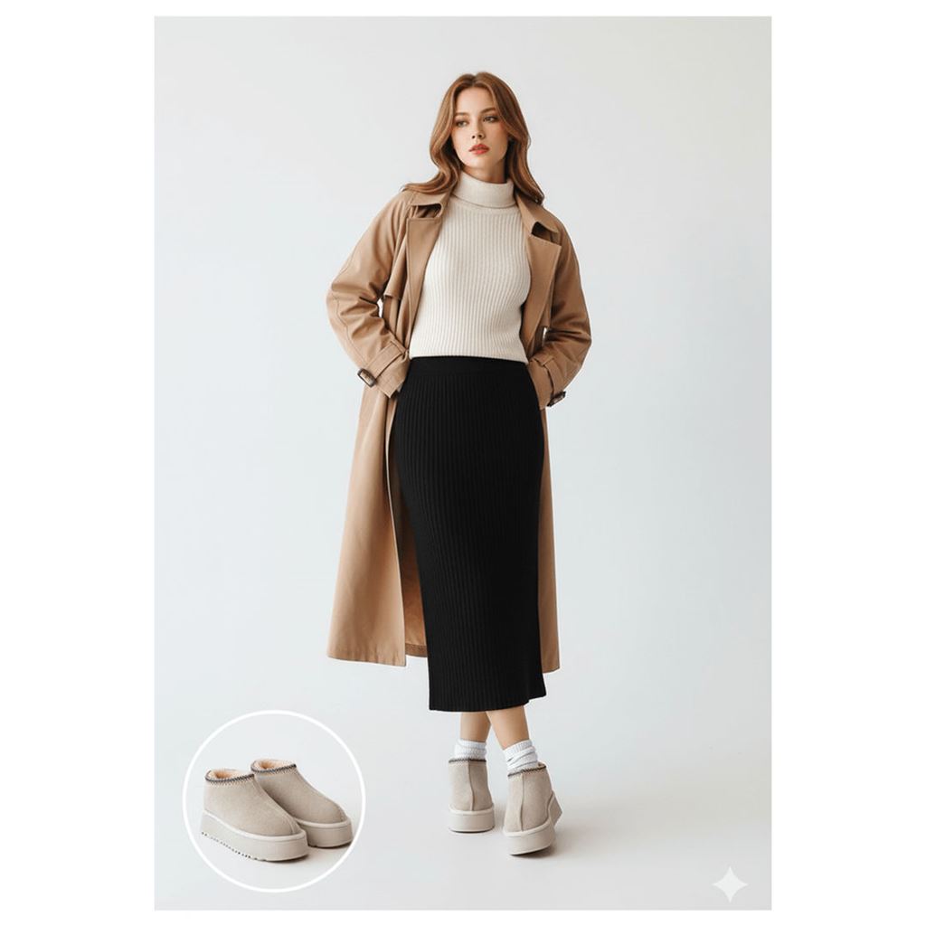 Foyk Bej İçi Kürklü Platform Taban Süet Kadın Panduf Bot