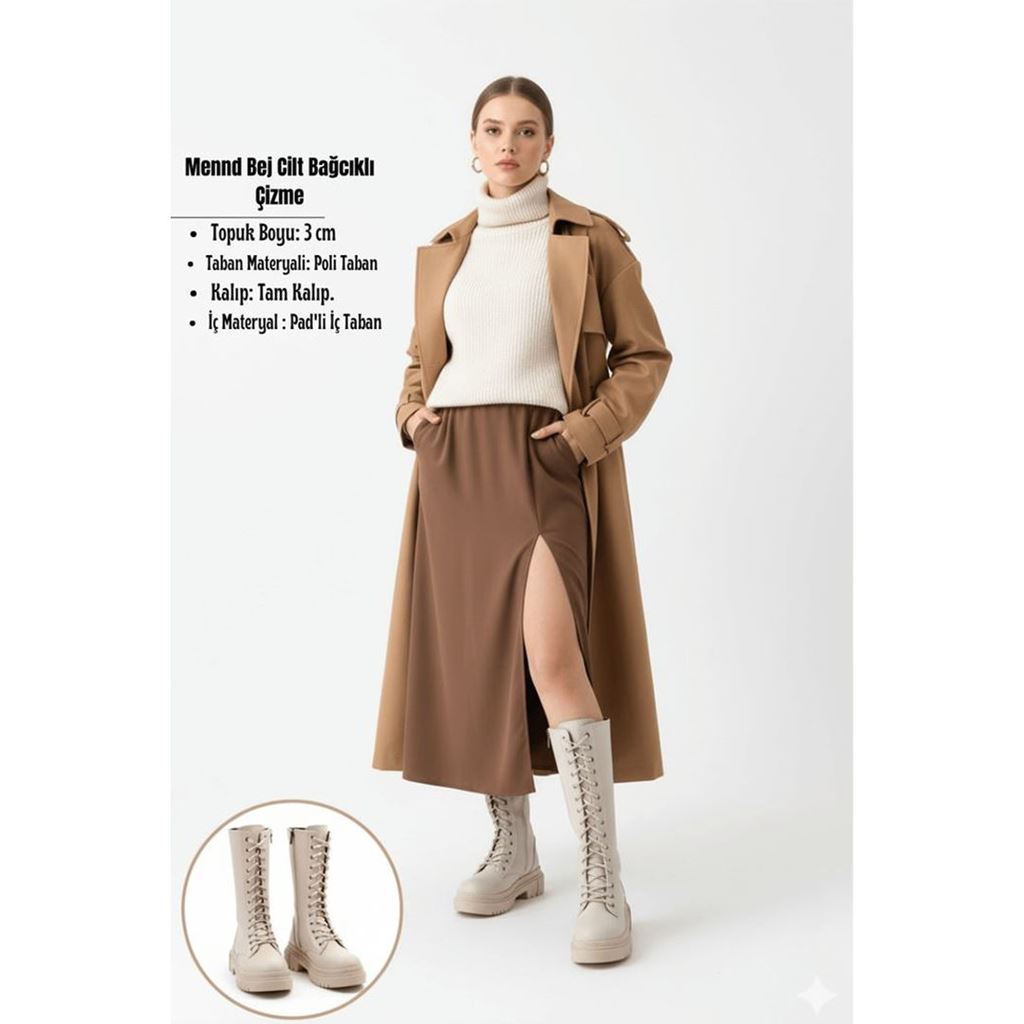 Mennd Bej Cilt Bağcıklı Çizme