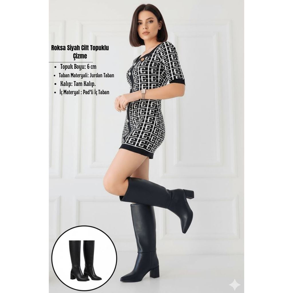 Roksa Siyah Cilt Topuklu Çizme