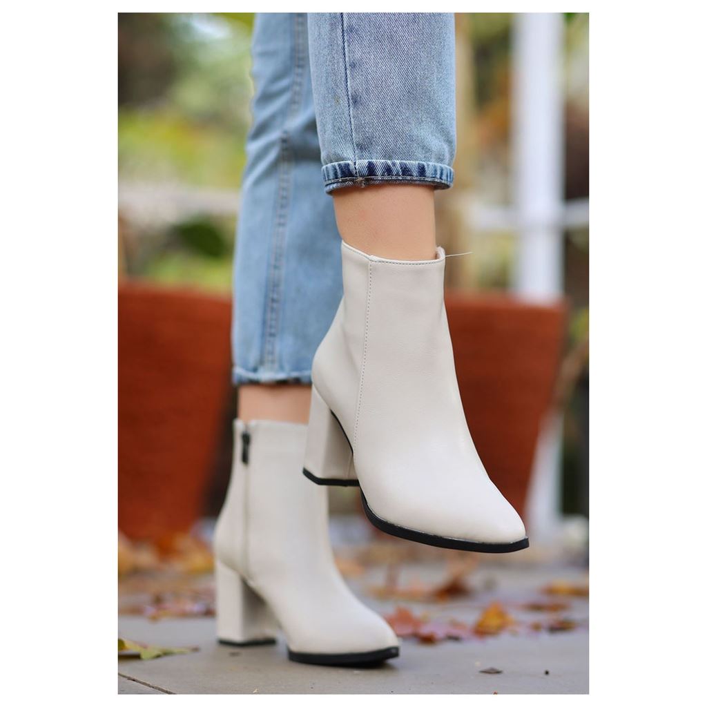 Biya Bej Kalın Topuk Küt Burun Cilt Kadın Bilekte Bot