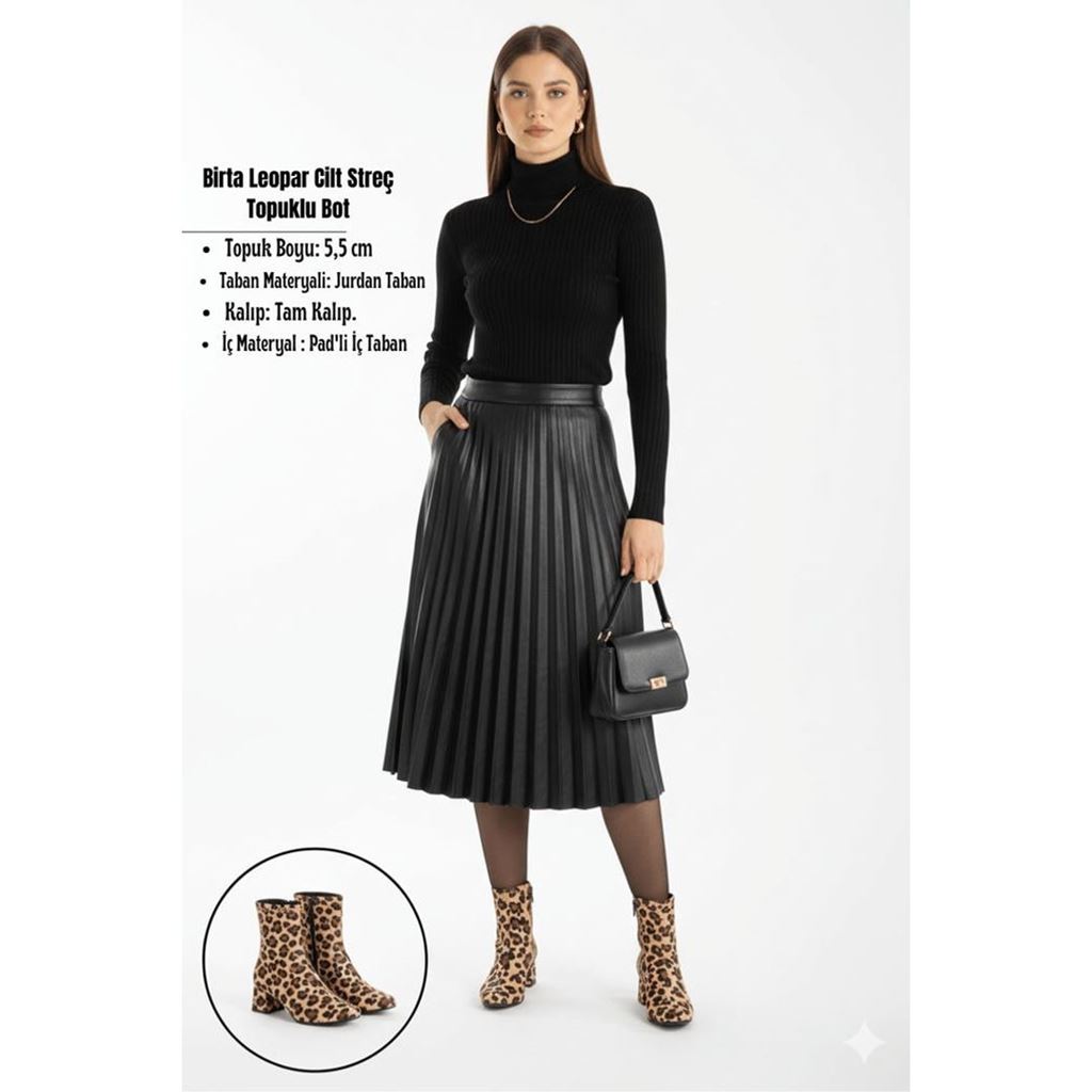 Birta Leopar Cilt Streç Topuklu Bot