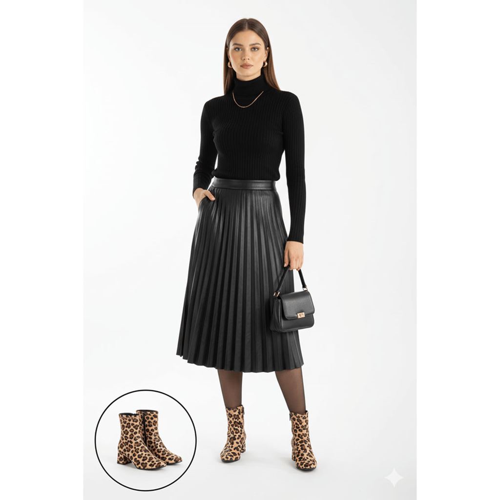 Birta Leopar Cilt Streç Topuklu Bot