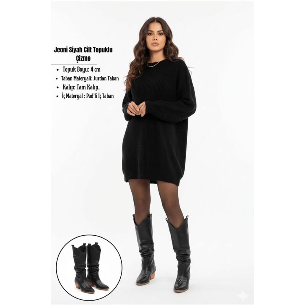 Jeoni Siyah Cilt Topuklu Çizme