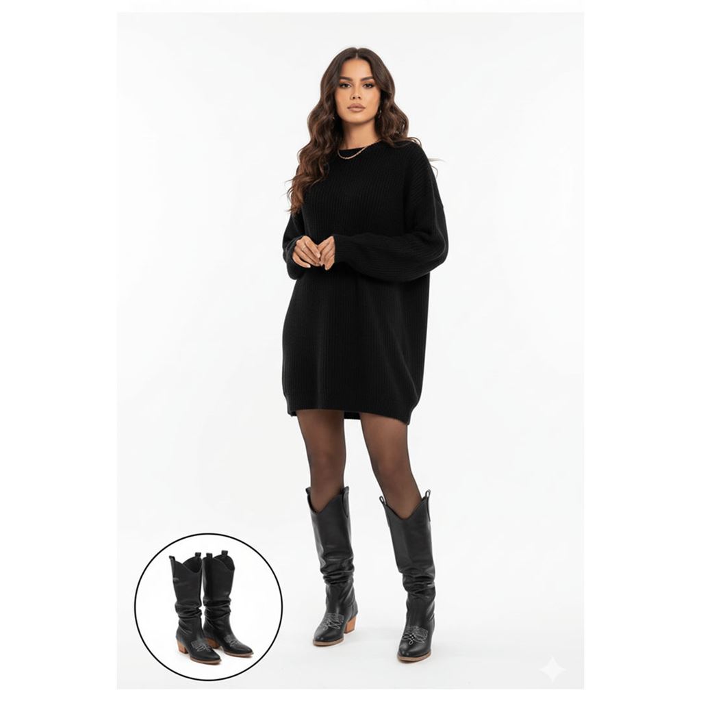 Jeoni Siyah Cilt Topuklu Çizme