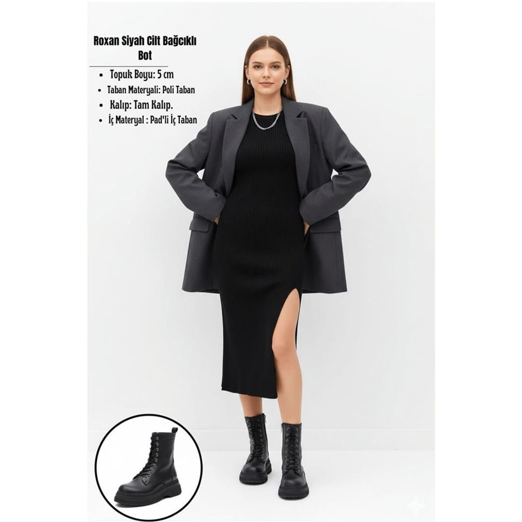 Roxan Siyah Cilt Bağcıklı Bot