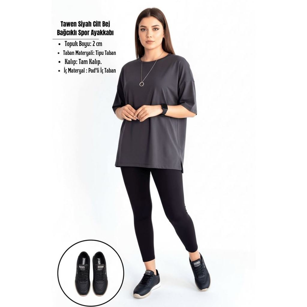 Tawen Siyah Cilt Bej Tabanlı Bağcıklı Spor Ayakkabı