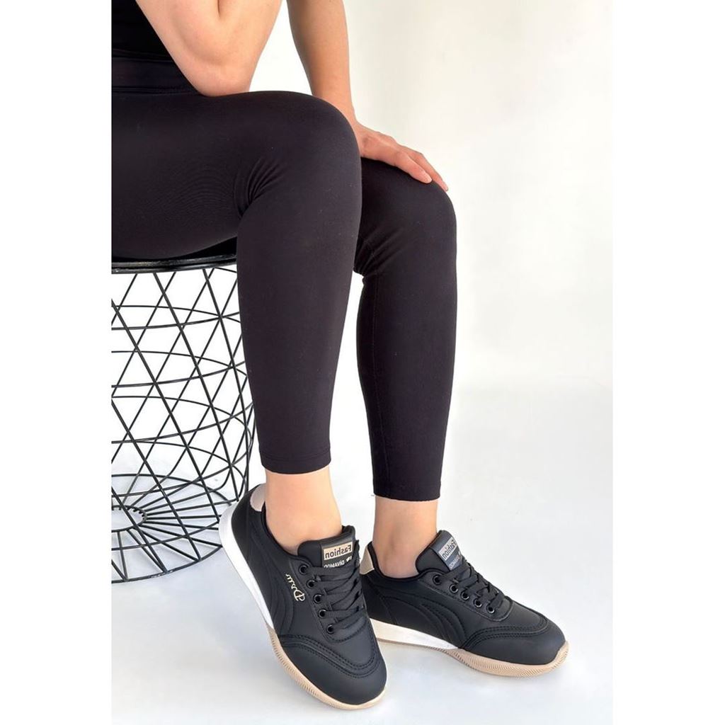 Tawen Siyah Cilt Bej Tabanlı Bağcıklı Spor Ayakkabı