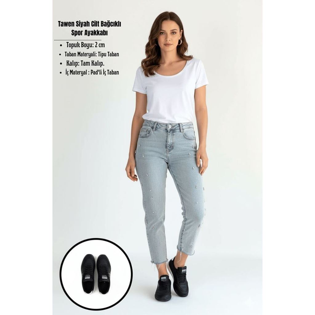 Tawen Siyah Cilt Bağcıklı Spor Ayakkabı