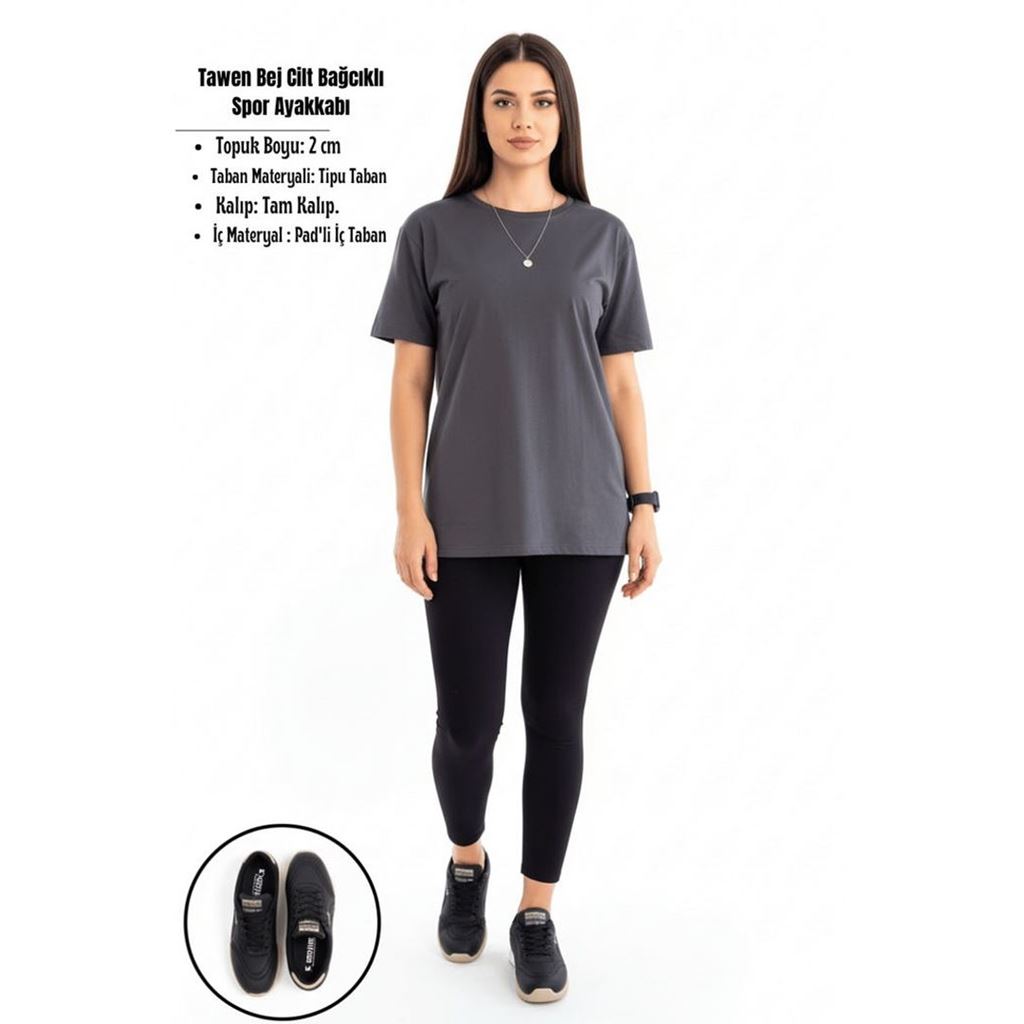 Tawen Bej Cilt Bağcıklı Spor Ayakkabı