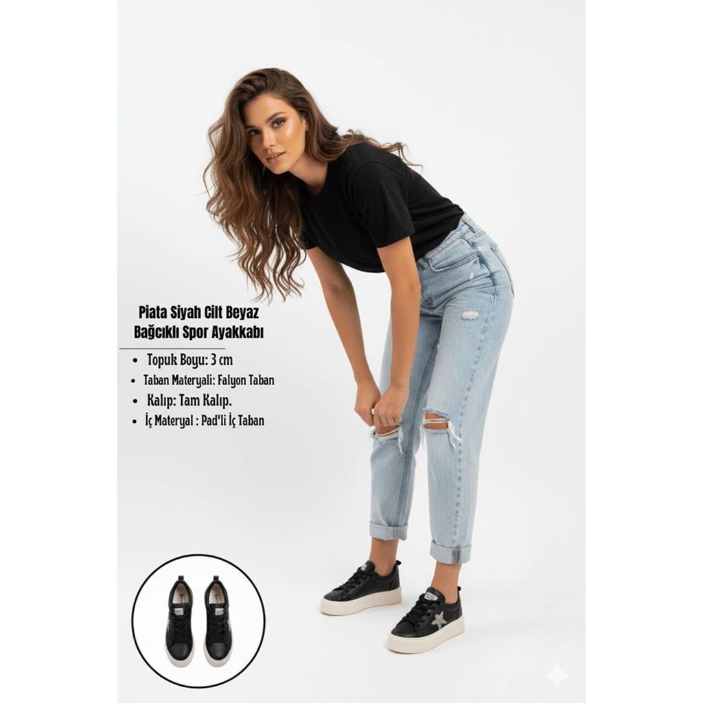Piata Siyah Cilt Beyaz Tabanlı Bağcıklı Spor Ayakkabı