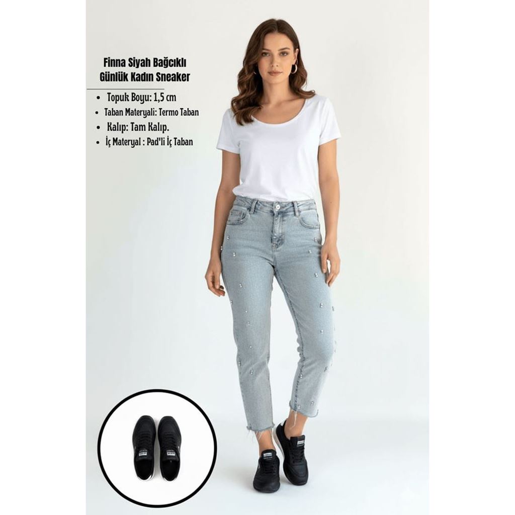 Finna Siyah Stoperli Pratik Bağcıklı Günlük Konfor Kadın Sneaker