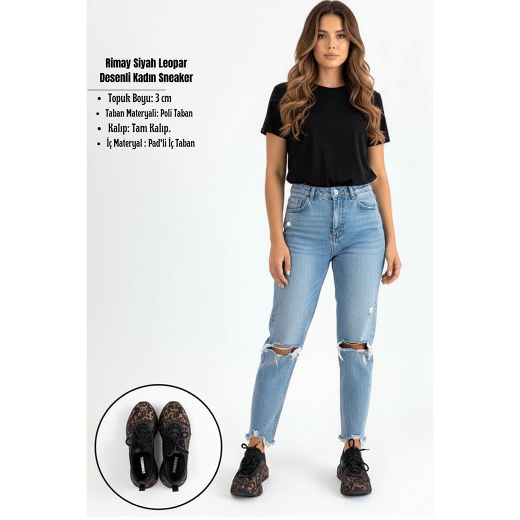 Rimay Siyah Leopar Desenli Taşlı Kalın Tabanlı Kadın Sneaker