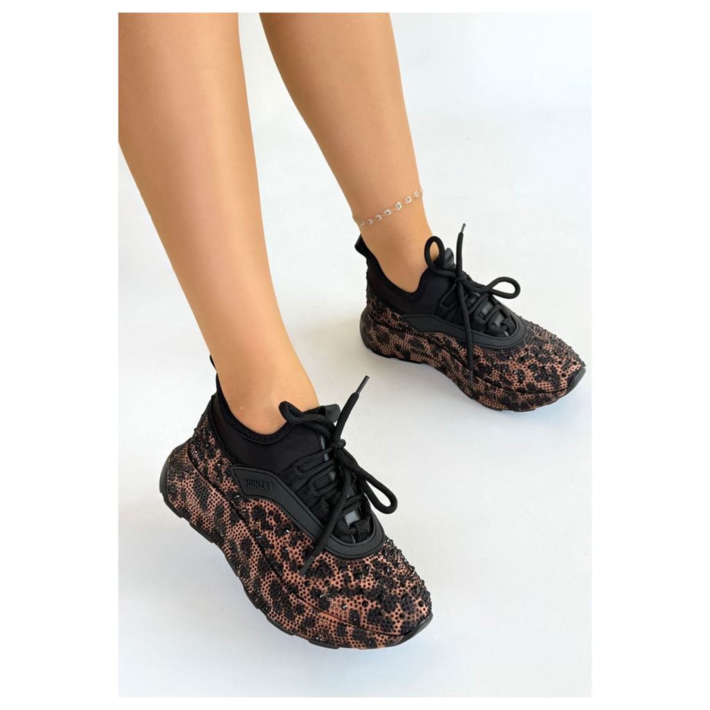 Rimay Siyah Leopar Desenli Taşlı Kalın Tabanlı Kadın Sneaker