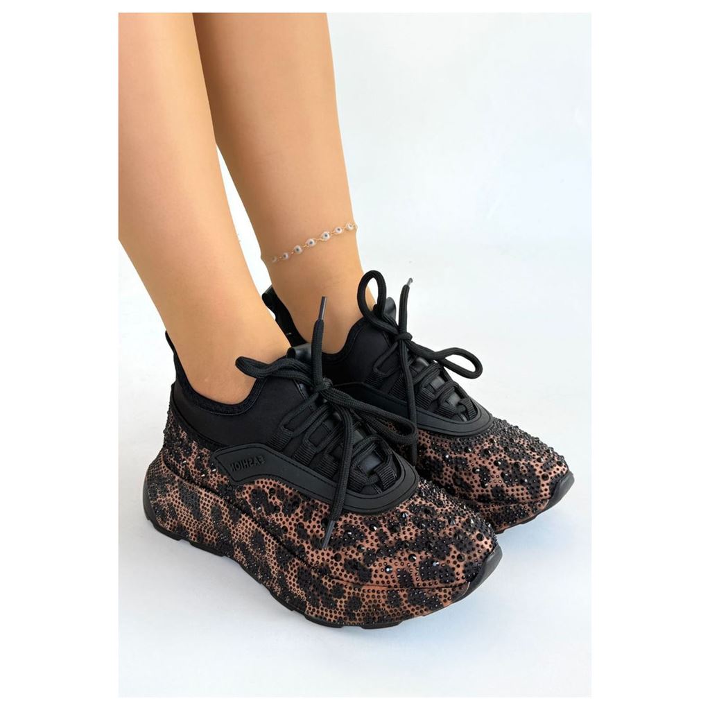 Rimay Siyah Leopar Desenli Taşlı Kalın Tabanlı Kadın Sneaker