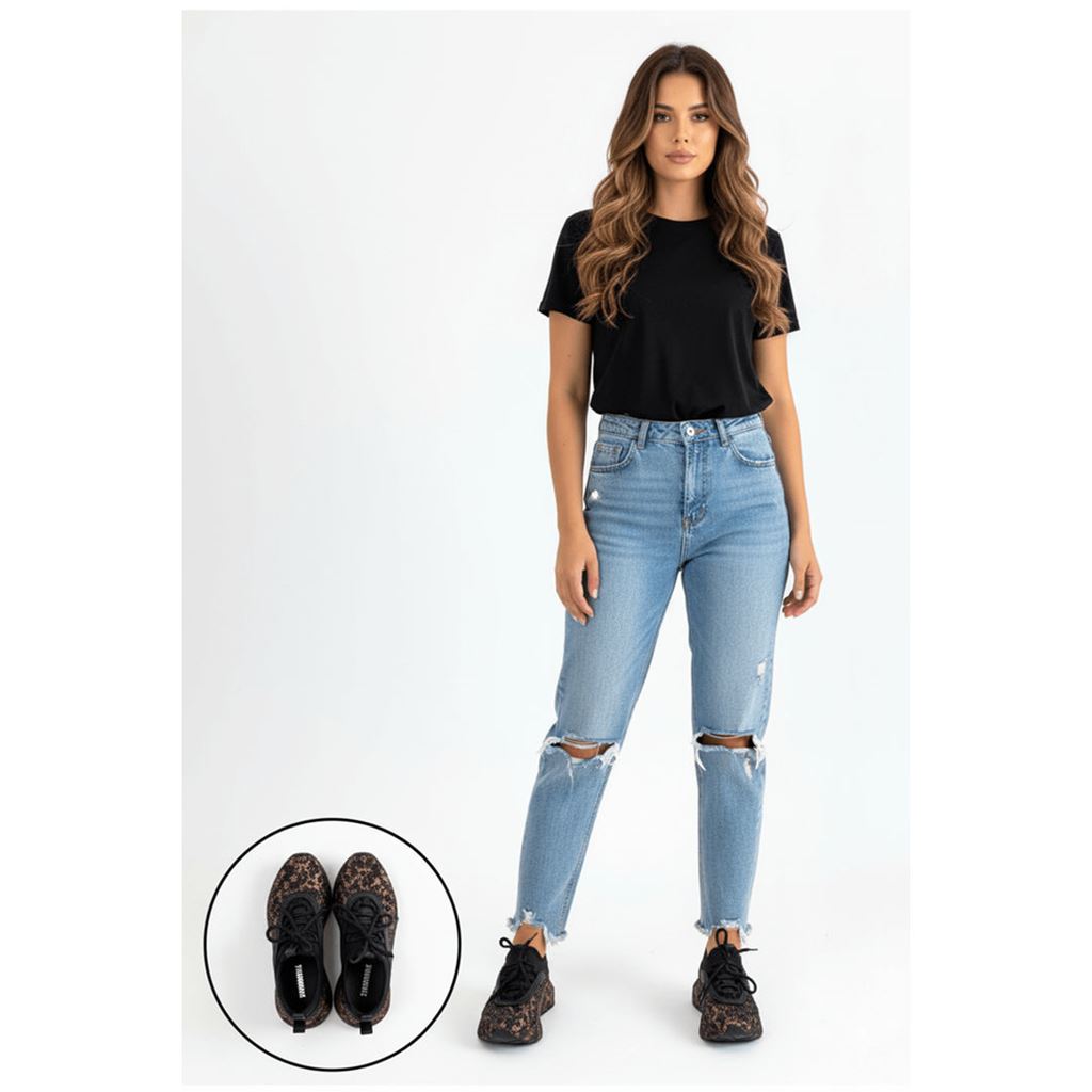 Rimay Siyah Leopar Desenli Taşlı Kalın Tabanlı Kadın Sneaker