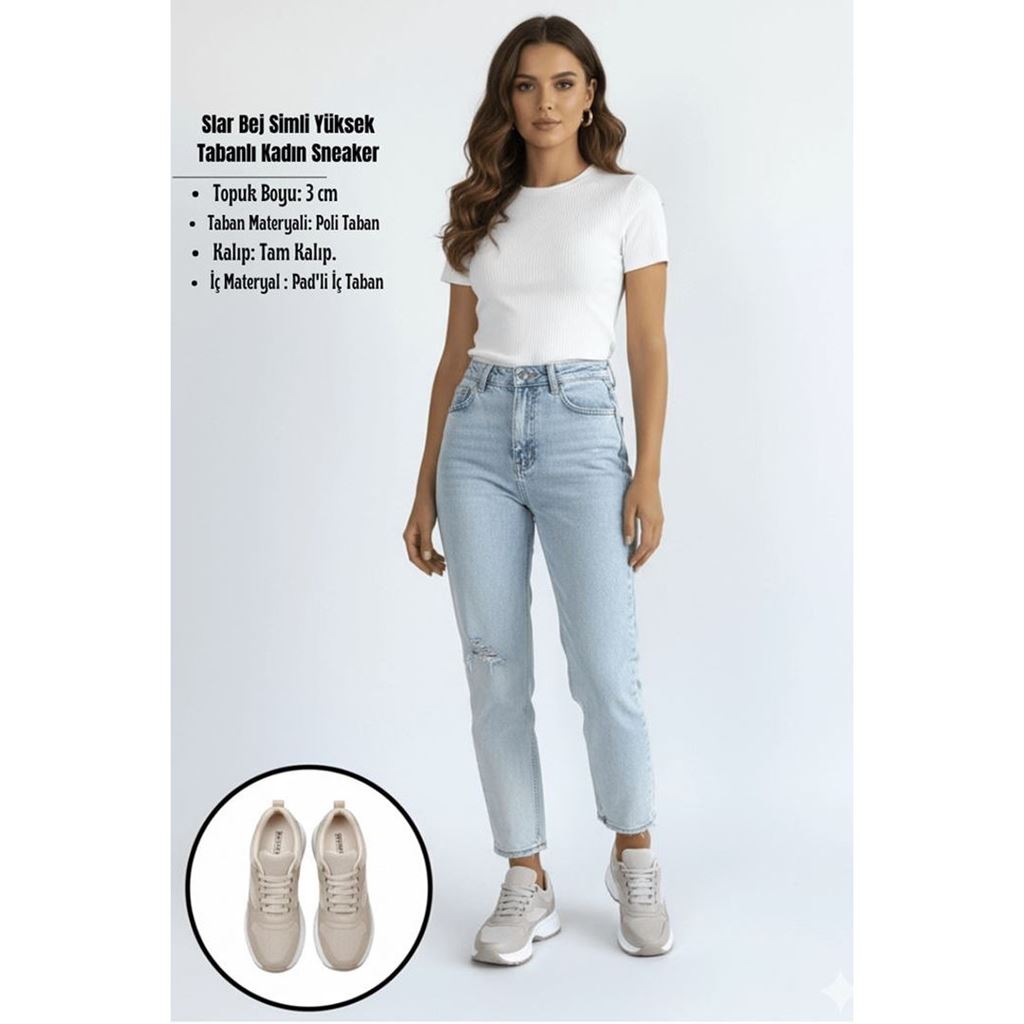 Slar Bej Simli Yüksek Tabanlı Ortopedik Kadın Sneaker