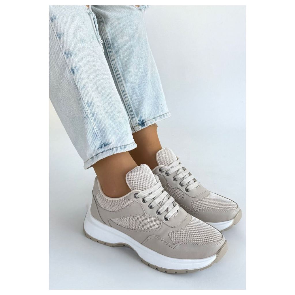 Slar Bej Simli Yüksek Tabanlı Ortopedik Kadın Sneaker