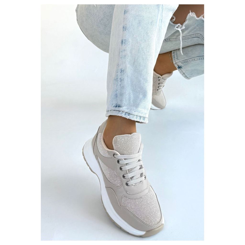 Slar Bej Simli Yüksek Tabanlı Ortopedik Kadın Sneaker