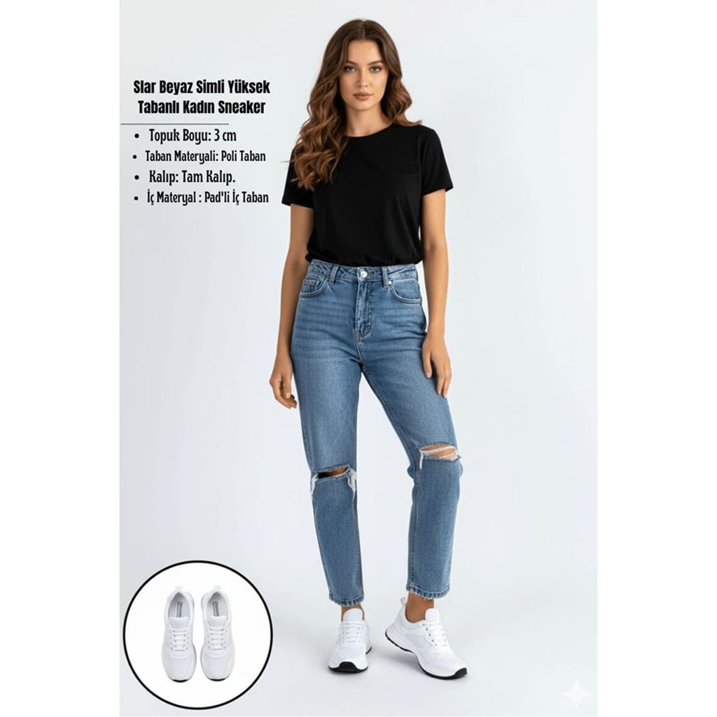 Slar Beyaz Simli Yüksek Tabanlı Ortopedik Kadın Sneaker