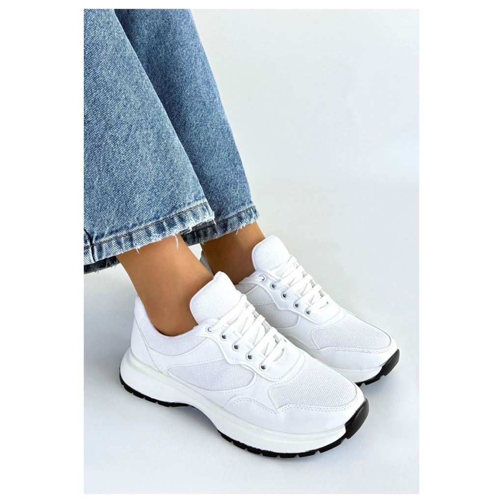 Slar Beyaz Simli Yüksek Tabanlı Ortopedik Kadın Sneaker