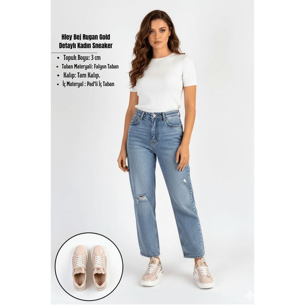 Hley Bej Rugan Gold Detaylı Platform Tabanlı Kadın Sneaker