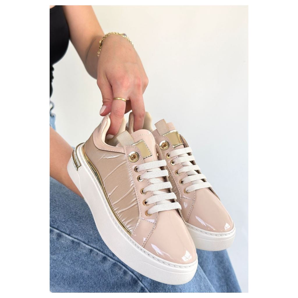 Hley Bej Rugan Gold Detaylı Platform Tabanlı Kadın Sneaker