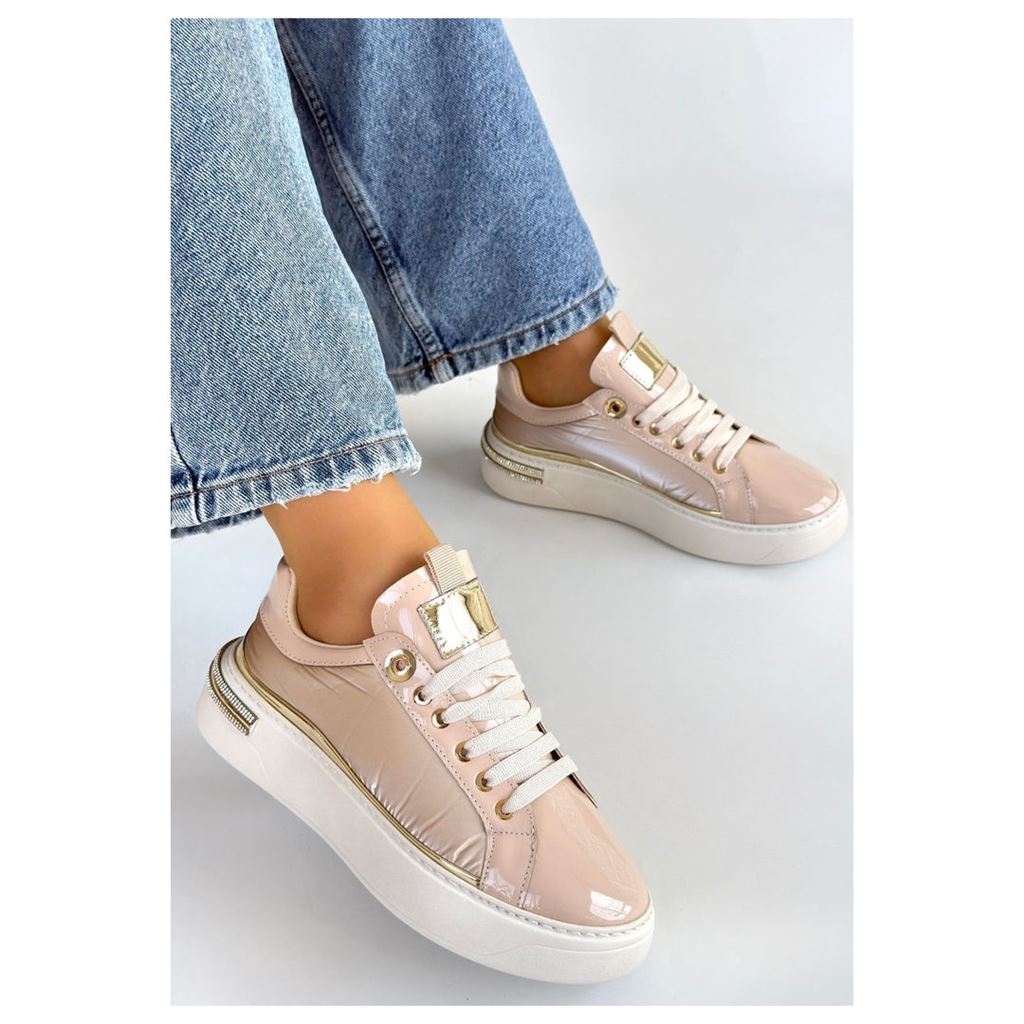 Hley Bej Rugan Gold Detaylı Platform Tabanlı Kadın Sneaker