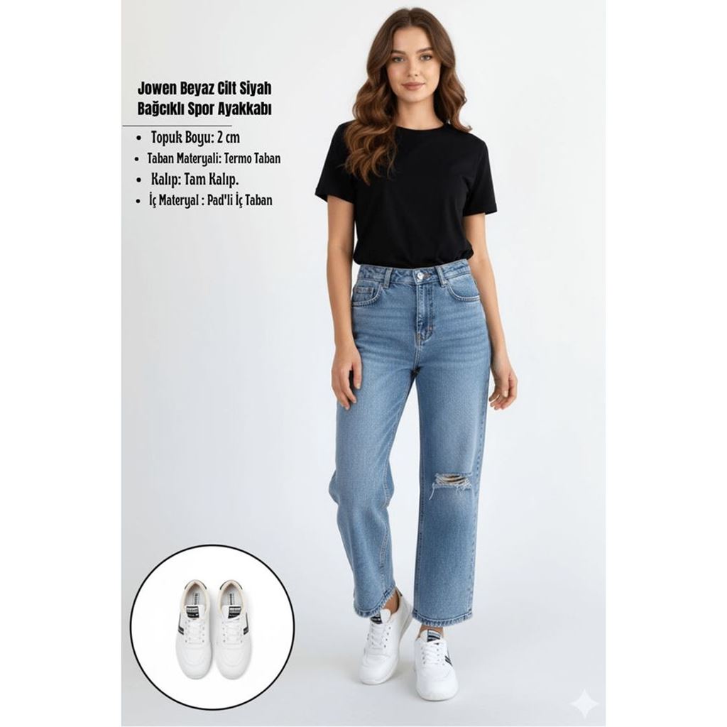 Jowen Beyaz Cilt Siyah Detaylı Bağcıklı Spor Ayakkabı