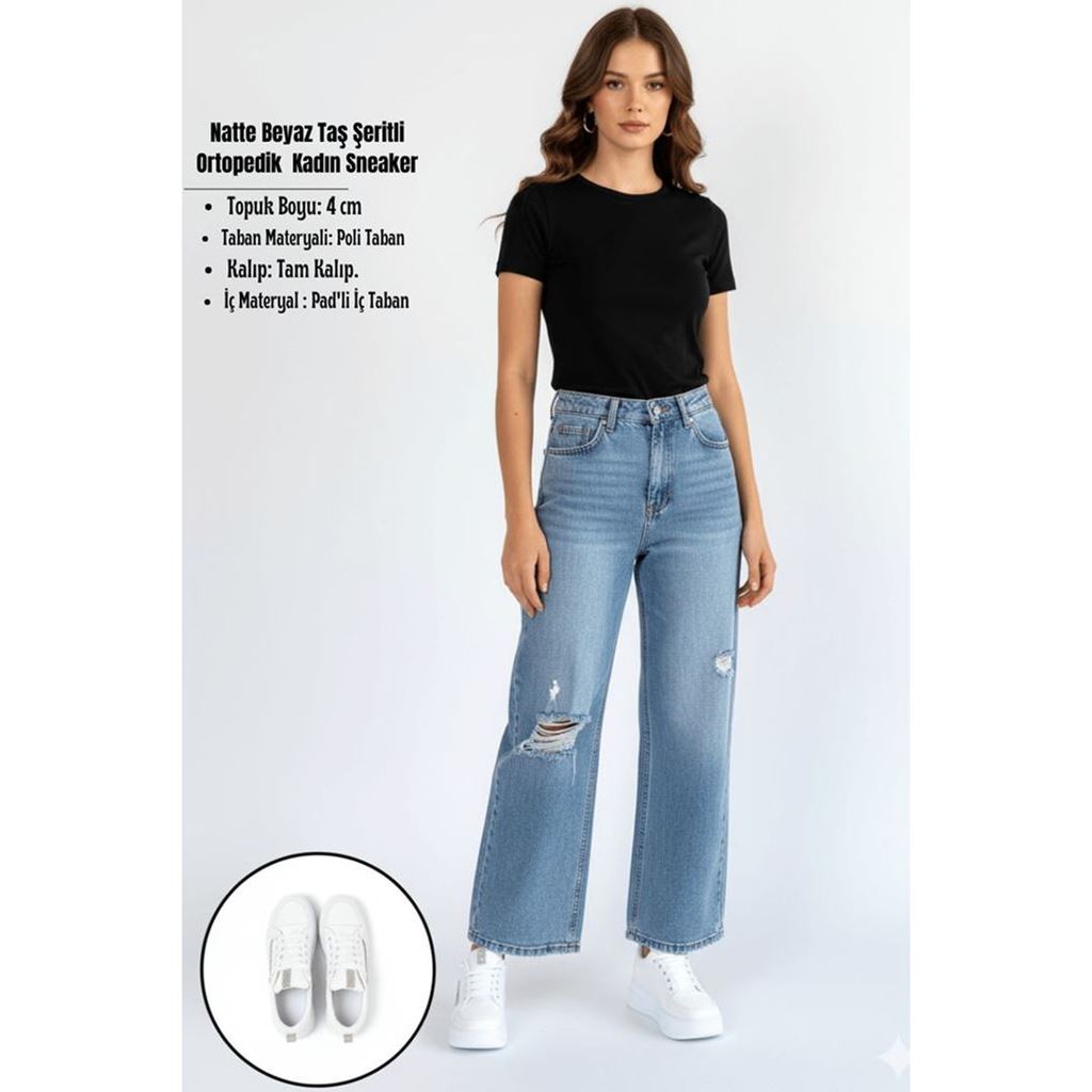 Natte Beyaz Taş Şeritli Ortopedik Platform Kadın Sneaker