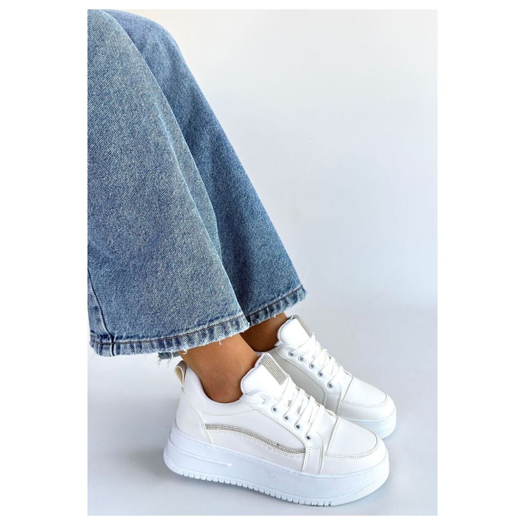 Natte Beyaz Taş Şeritli Ortopedik Platform Kadın Sneaker