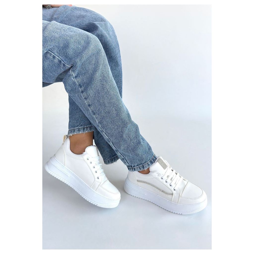 Natte Beyaz Taş Şeritli Ortopedik Platform Kadın Sneaker