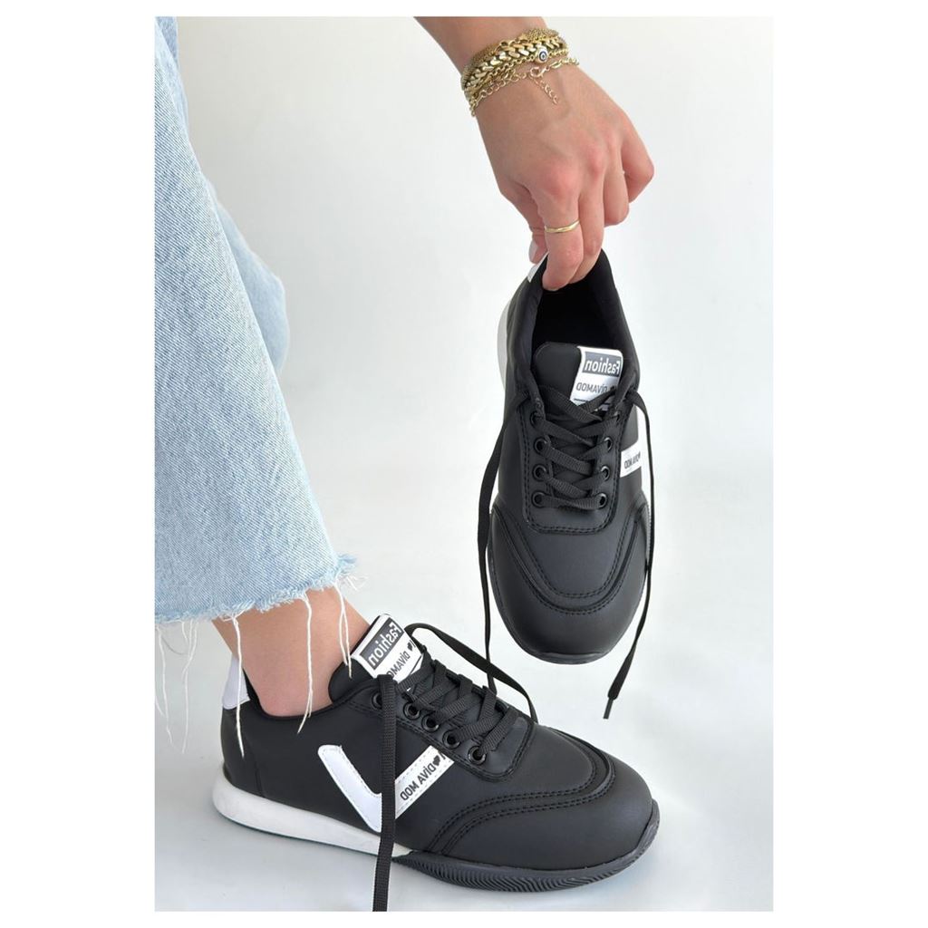 Jowen Siyah Cilt Beyaz Detaylı Bağcıklı Spor Ayakkabı