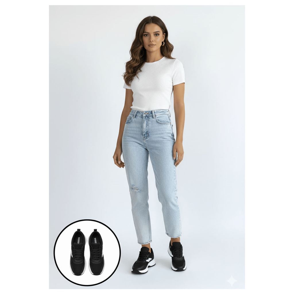 Jowen Siyah Cilt Beyaz Detaylı Bağcıklı Spor Ayakkabı