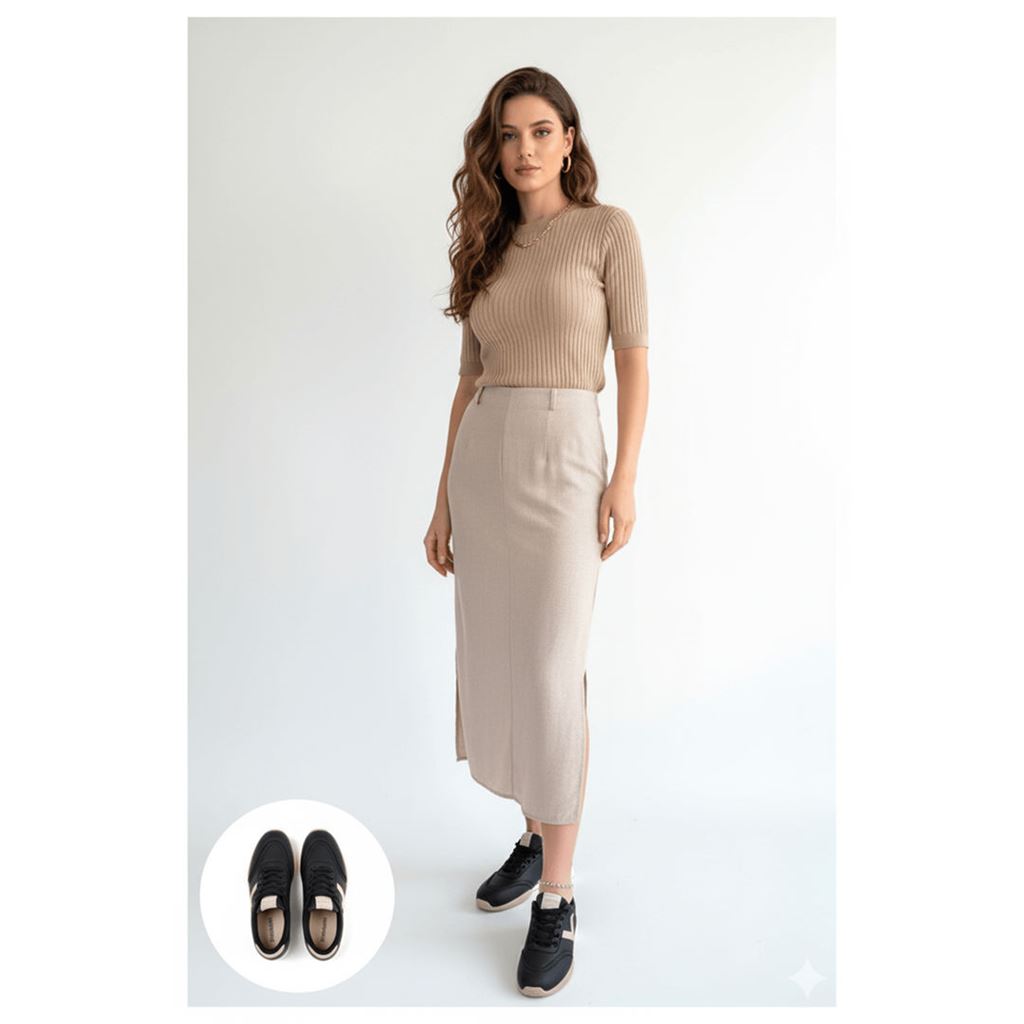 Jowen Siyah Cilt Bej Detaylı Bağcıklı Spor Ayakkabı