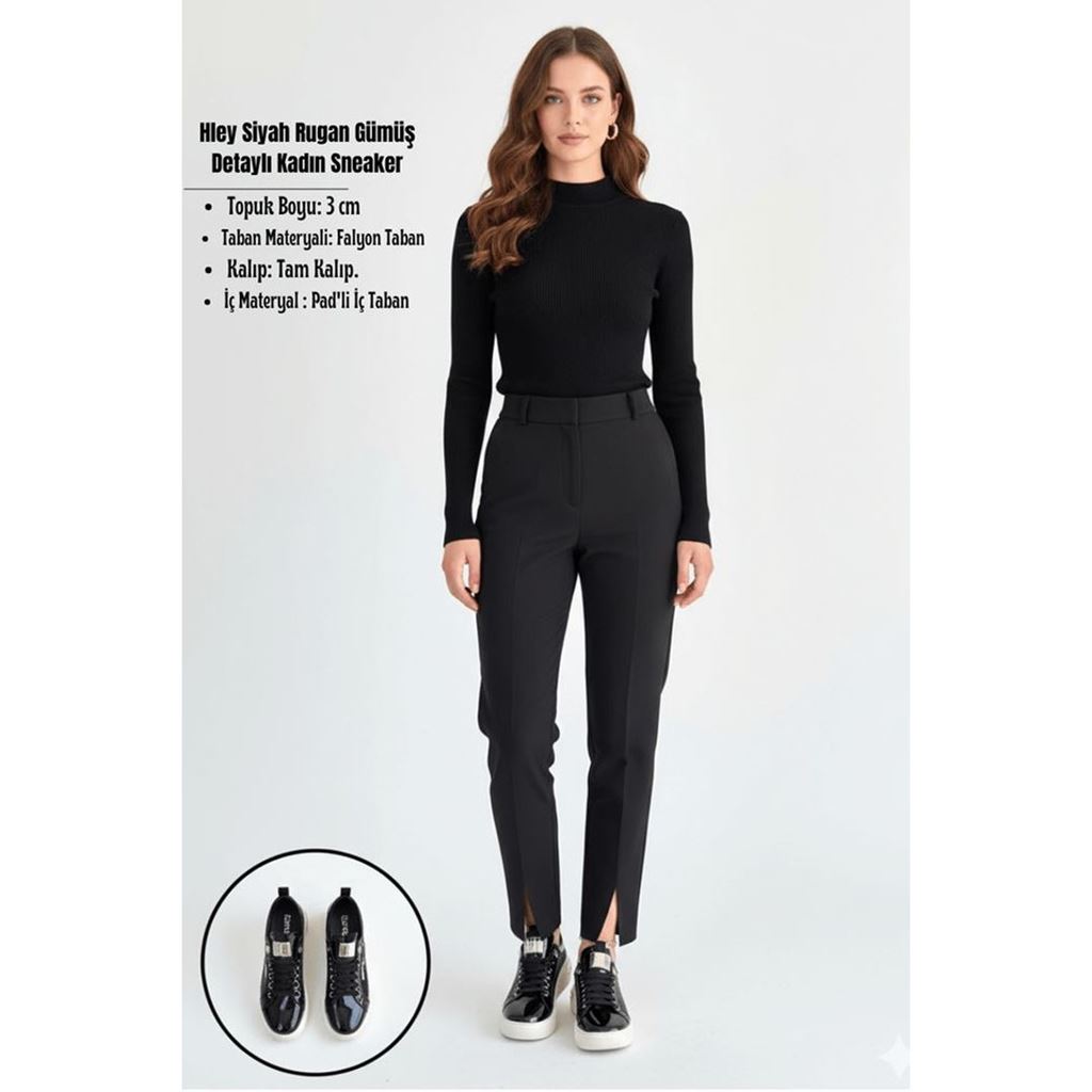 Hley Siyah Rugan Gümüş Detaylı Platform Tabanlı Kadın Sneaker
