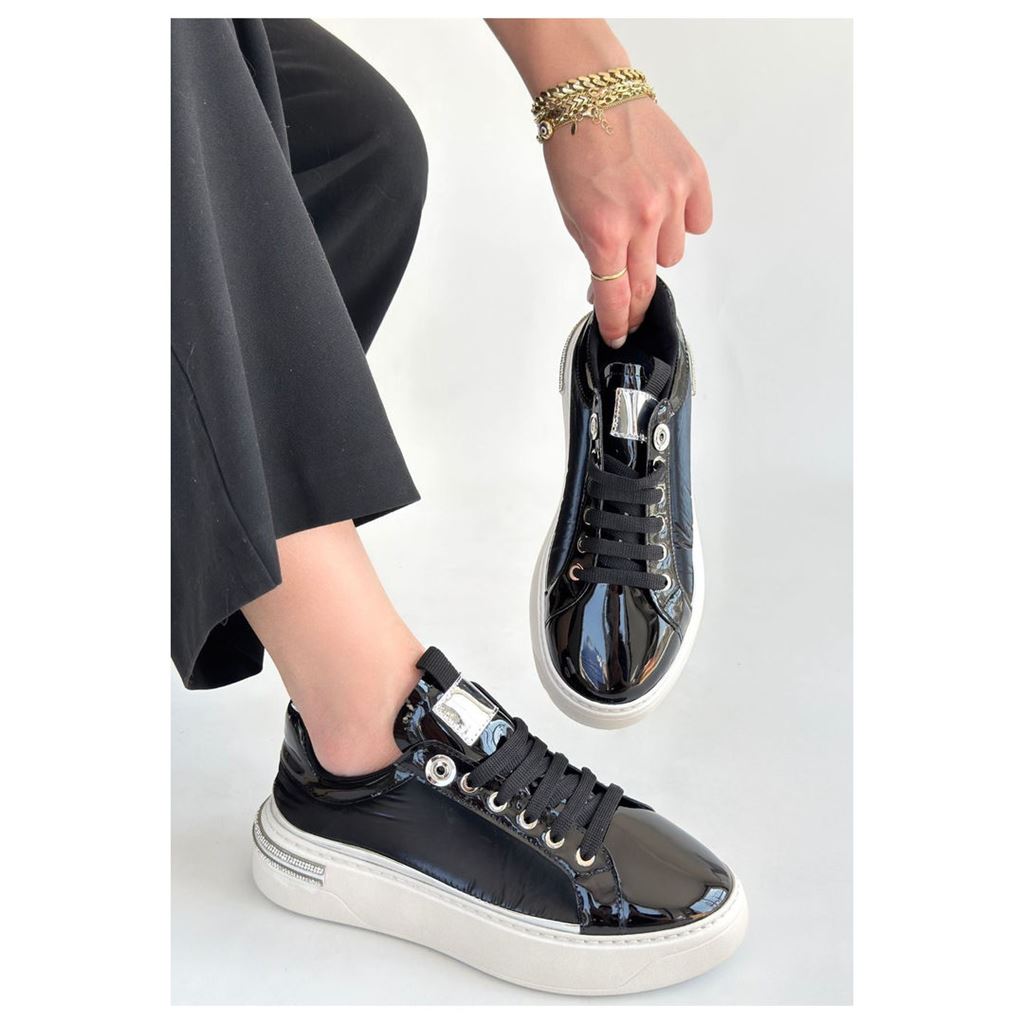 Hley Siyah Rugan Gümüş Detaylı Platform Tabanlı Kadın Sneaker