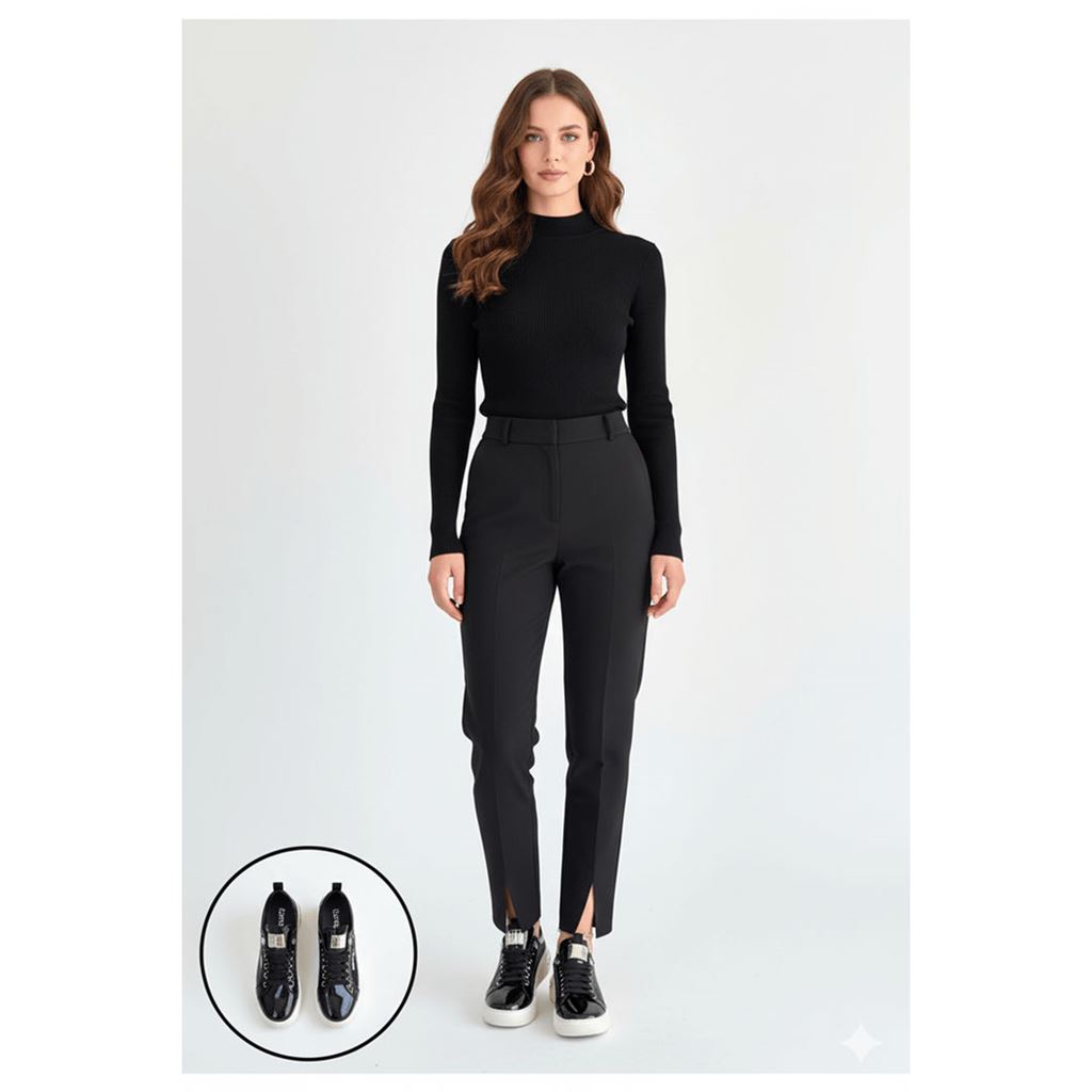 Hley Siyah Rugan Gümüş Detaylı Platform Tabanlı Kadın Sneaker