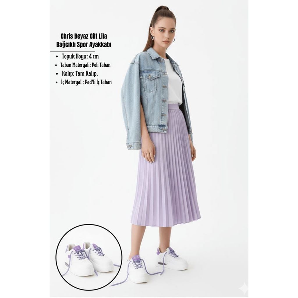 Chris Beyaz Cilt Lila Detaylı Bağcıklı Spor Ayakkabı