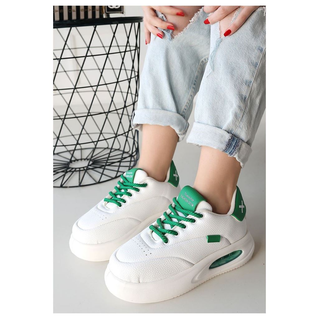 Chris Beyaz Cilt Yeşil Detaylı Bağcıklı Spor Ayakkabı