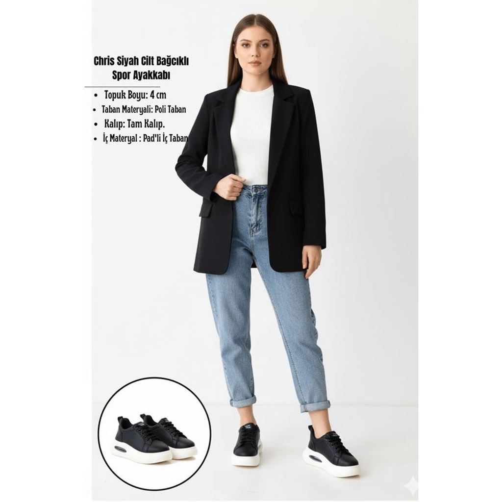 Chris Siyah Cilt Bağcıklı Spor Ayakkabı