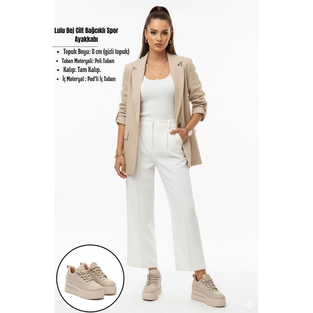 Lulu Bej Cilt Bağcıklı Spor Ayakkabı
