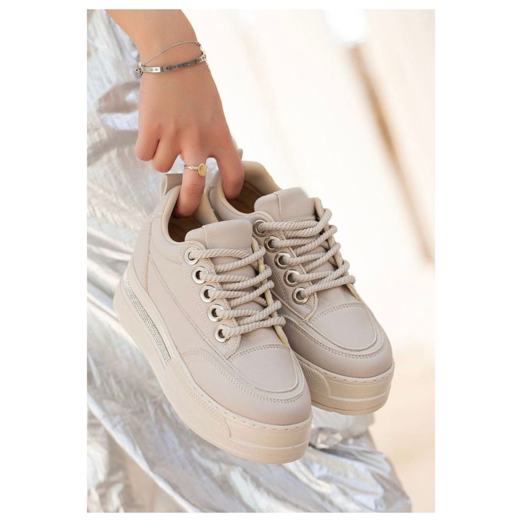 Lulu Bej Cilt Bağcıklı Spor Ayakkabı