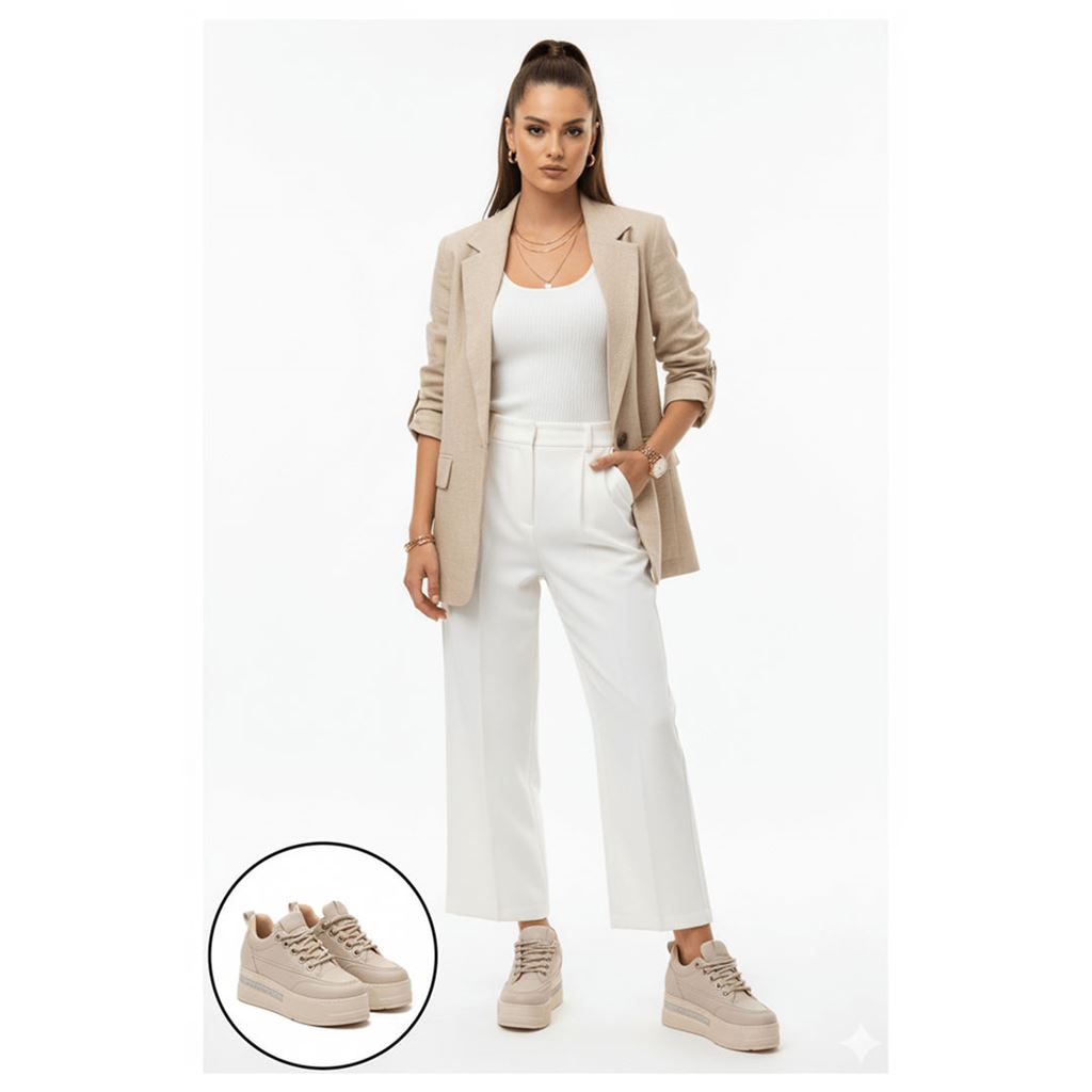 Lulu Bej Cilt Bağcıklı Spor Ayakkabı