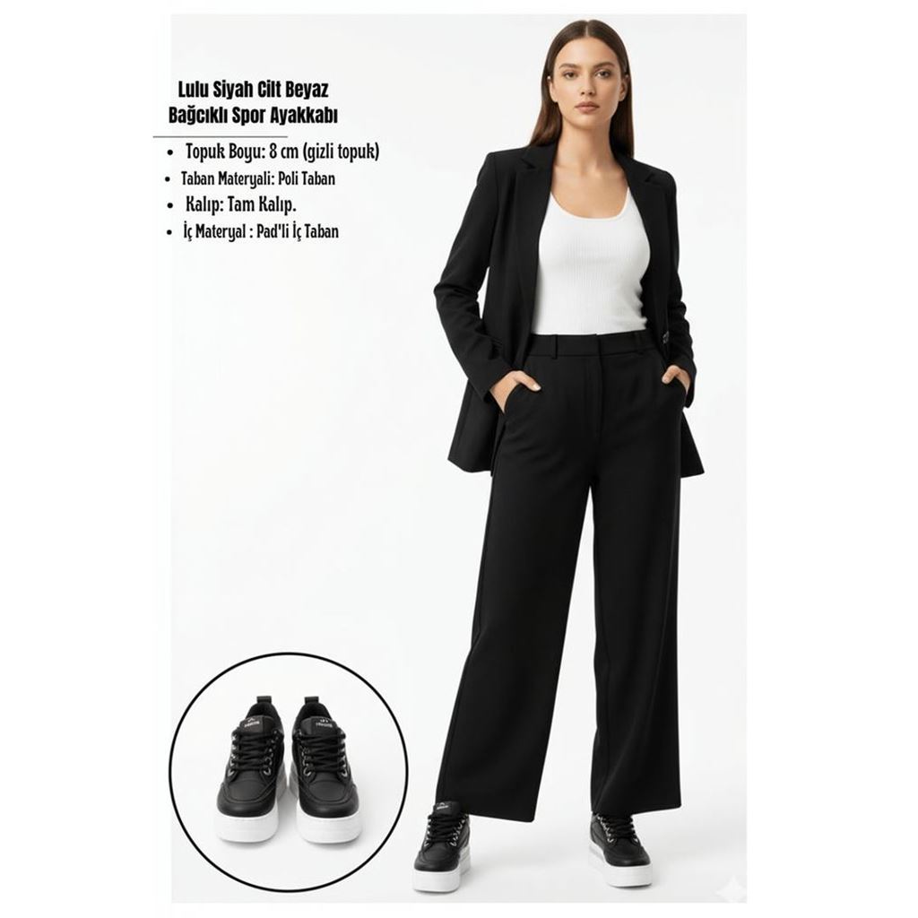 Lulu Siyah Cilt Beyaz Tabanlı Bağcıklı Spor Ayakkabı