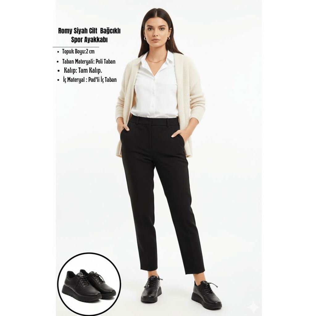 Romy Siyah Cilt  Bağcıklı Spor Ayakkabı